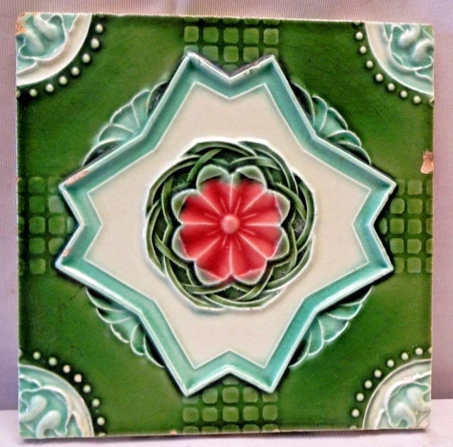 Tile Japan Art Deco Majolica Cramic Porcelain Flower Design Green Collectibl#230