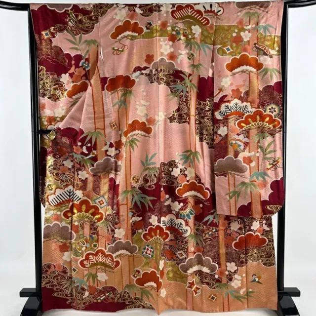 Woman Japanese Kimono Furisode Silk Pine Bamboo Plum Treasure Gold Foil Pink
