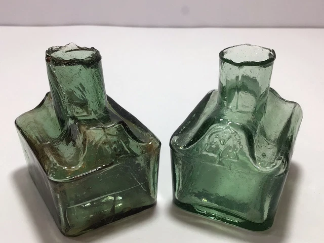 2 Nice Embossed MORRELLS LIGHT GREEN & AQUA Boat Victorian Old Ink Bottles J22