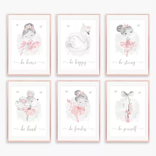 Pink & Grey Ballerina Nursery Art Prints Girl Childrens Bedroom Pictures Decor