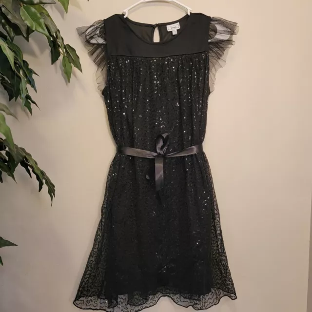 DISNEY D-Signed Girls Black Tulle Sequins Dress With Flutter Sleeve Size L 14/16