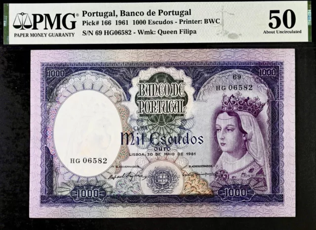 Portugal 1000 Escudos Pick# 166 1961 PMG 50 AU Banknote