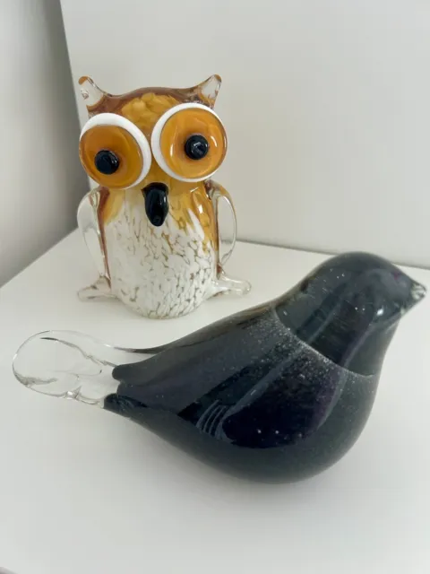 2 Large Glass Paperweights, Black Bird / Owl Home Decor Ornaments.