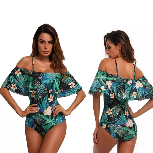 Women's One Piece Vintage Floral Off Shoulder Flounce Ruffled Monokini Swimsuits