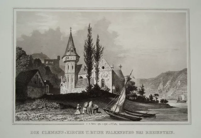 Clemens-Kirche Burg Falkenstein Rheinstein   Rhein  echter alter Stahlstich 1844