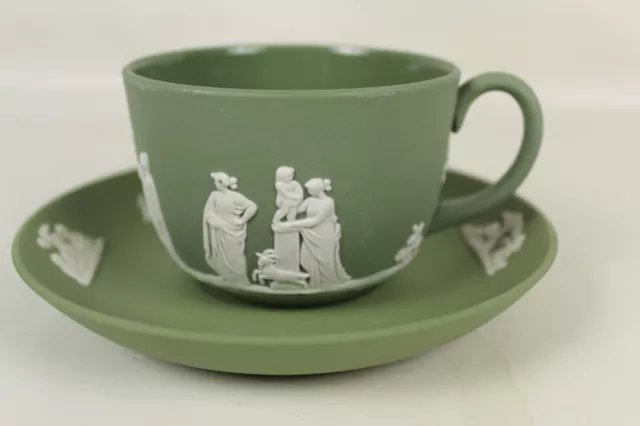 Wedgwood - Cream Color on Celadon Jasperware Cup & Saucer Set - England GLOSSY