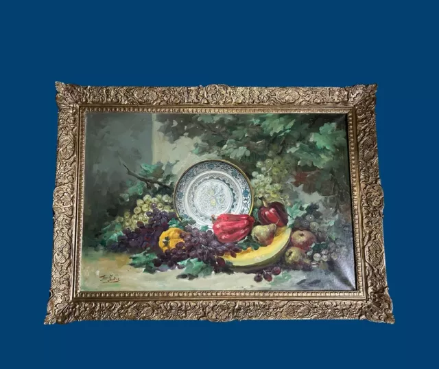 F Jodice Still Life Fruit And Plate Oil Painting Signed Mid 20th Century