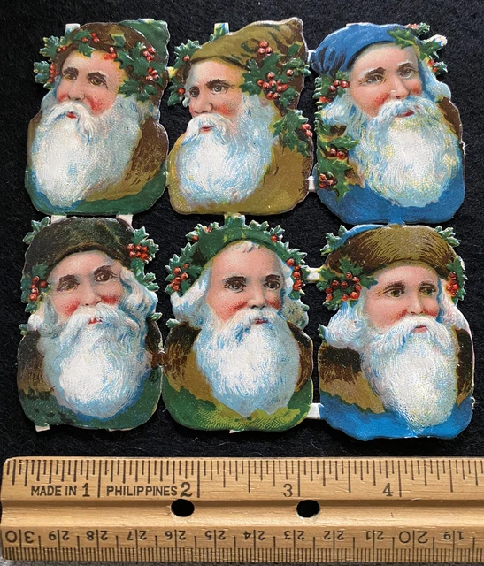 Rare Antique Large Santa Claus Heads Victorian German Die Cuts Christmas 2