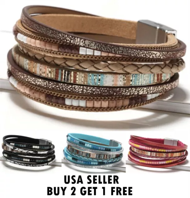 Boho Multilayer Leather Bracelet Men's Women Wristband Bangle Jewelry Set C