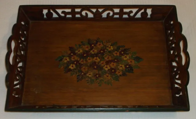 Vintage Hand Painted Floral Motif Carved Wood Tray