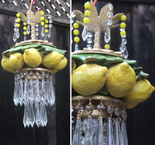 Vintage Shabby Lemon porcelain Chandelier Swag Lamp tole CRYSTAL Opaline beads