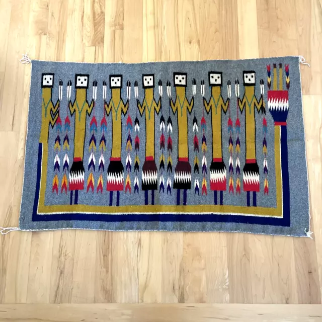 VTG Navajo Rainbow Yei Rug Seven Figure Native American Pictorial Woven 45 x 27