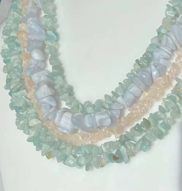 3 Vintage Apatite Blue Lace Agate Chalcedony Rose Quartz Chip Necklaces Job Lot