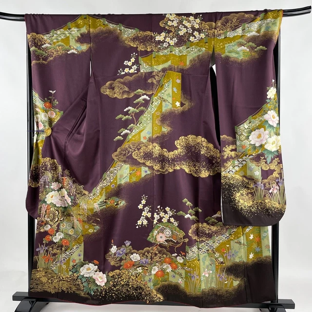 Japanese Silk Kimono Vintage Furisode Gold Flower Car Turtle Cloud Purple 62"