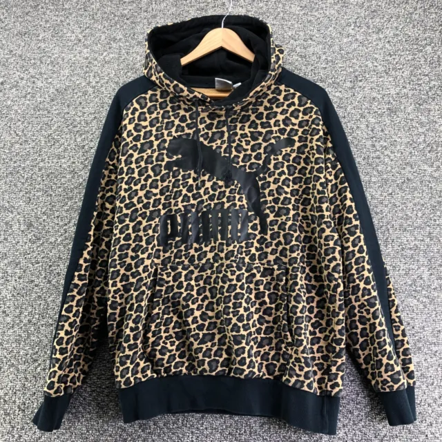 Puma Pullover Hoodie Sweatshirt Womens Sz M Cheetah Print Logo French Terry