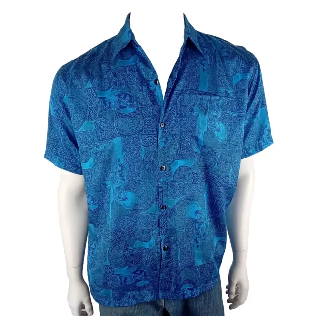 S & T Thai Silk vintage mens size Medium shirt blue abstract pattern Thailand