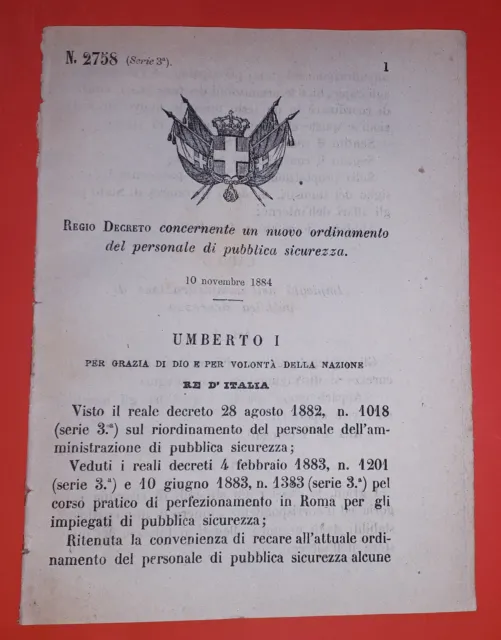Decreto Regno Italia - Nuovo ordinamento del personale pubblica sicurezza 1884