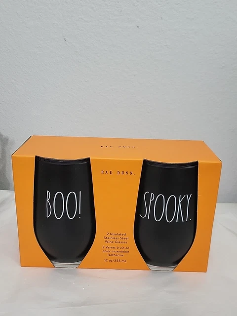 Rae Dunn Boo Spooky Wine Glasses Tumblers Stainless Lot of 2 New Halloween Party