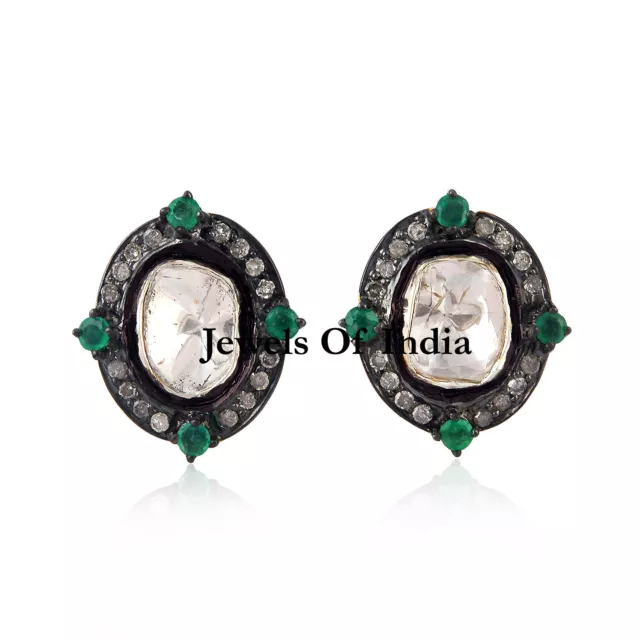 Natural Diamond & Diamond Polki Emerald & 925 Sterling Silver Earrings Jewelry