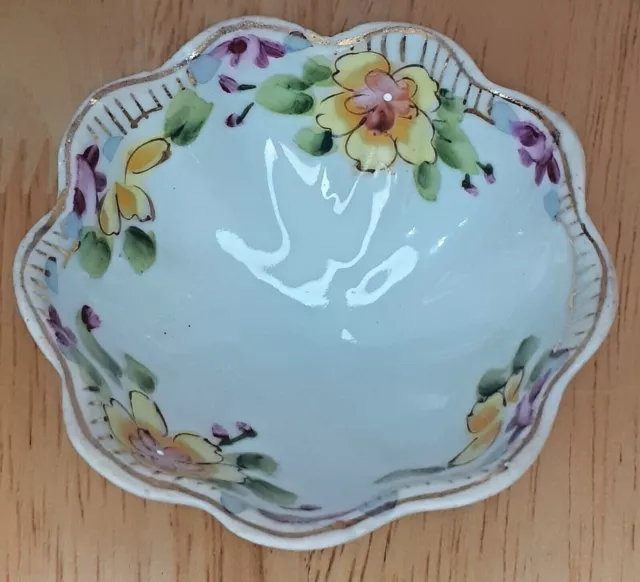 Vintage Made In Japan Footed Floral Trinket Tray Pin Dish Bowl Small