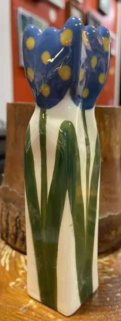N DeYoung Tulip Vase Hand Painted Studio Art Pottery 6-1/4" Tall Green Blue