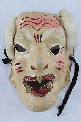 Vtg Antique Paper Mache Mask Hindu Indian God Hand Painted Rabbit Fur Gold Lips
