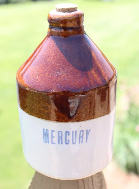 Antique Apothecary Mercury Stoneware Medicine Bottle Crock Jug-3-1/4" X 5"