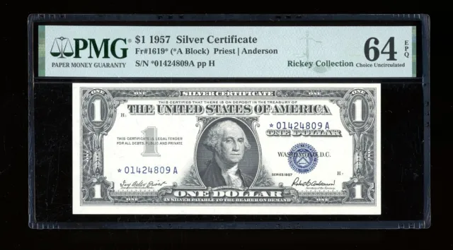DBR 1957 $1 Silver STAR *A Block Fr. 1619* PMG 64 EPQ Serial *01424809A