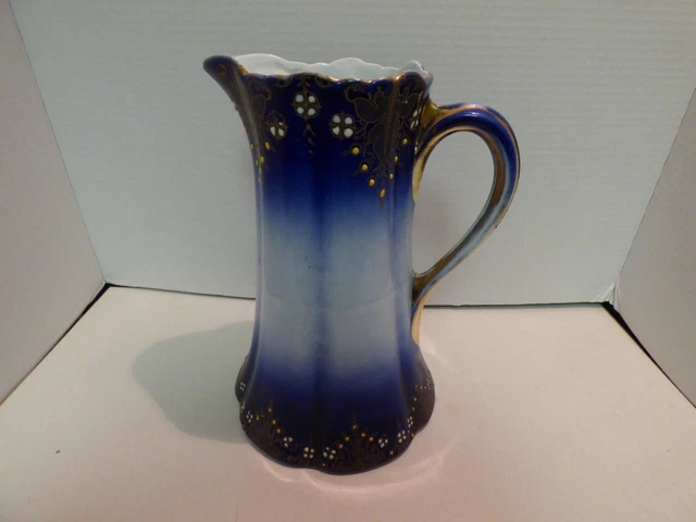 Antique Keller & Guerin  Luneville France Early 1900's Flow Blue Moriage Pitcher