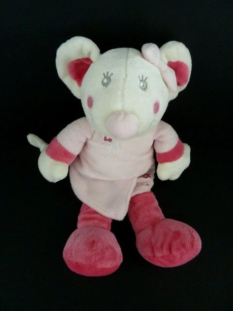 D77- DOUDOU PELUCHE NICOTOY SOURIS ROBE ROSE NOEUD FLEUR 26cm - ETAT NEUF*