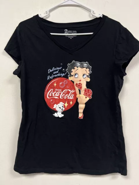 Betty Boop Coca Cola V Neck T Shirt Womens Size XL Black Short Sleeve Logo Soda