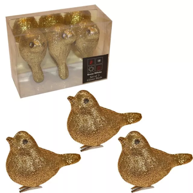 Gold Glittery Robins Christmas Decoration 3 Pack 8cm Clip on Glitter Birds- Gold