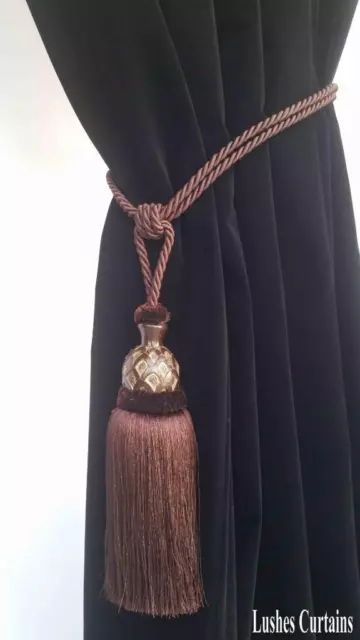 Brown Window Treatment Curtain Drapery Wood/Tassel Double Cord Tie Back Holdback