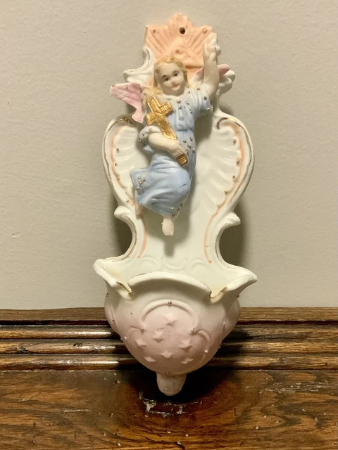 Beautiful Vintage Antique Bisque Porcelain Angel Holy Water Font Wall Pocket