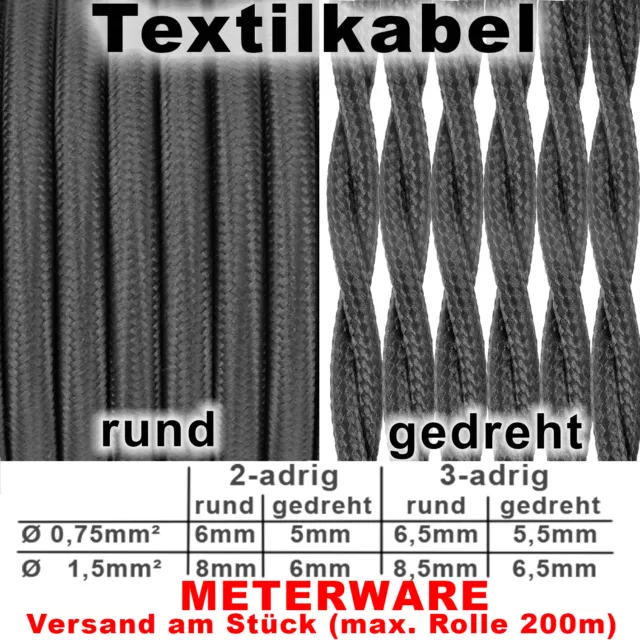 2-adrig 3-adrig Textilkabel Stoffkabel Pendelkabel rund gedreht Grau Graphit