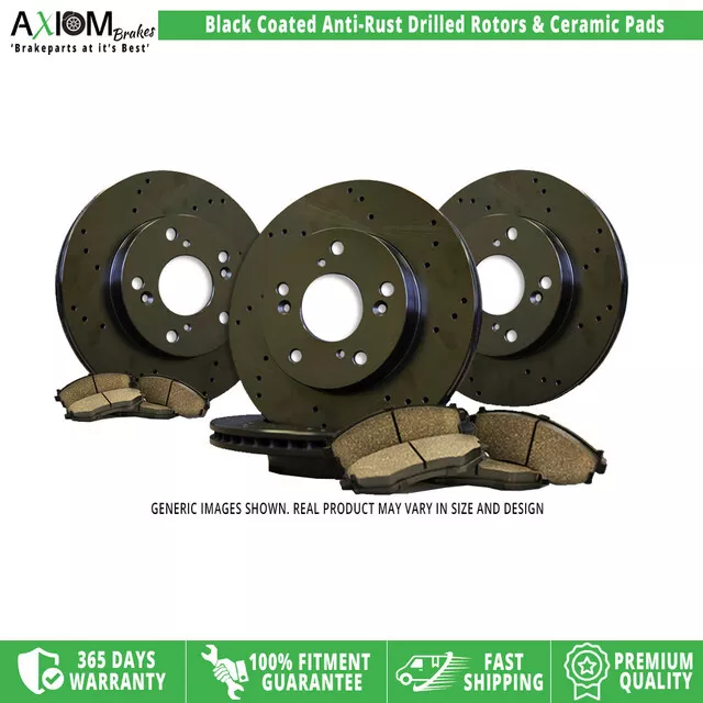 (Front & Rear Kit) Black Anti-Rust Drilled -4 Brake Rotors -8 Ceramic Brake Pads