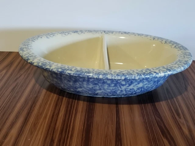 Vintage Gerald E. Henn Blue Spongeware Divded Oval Casserole Baking Dish