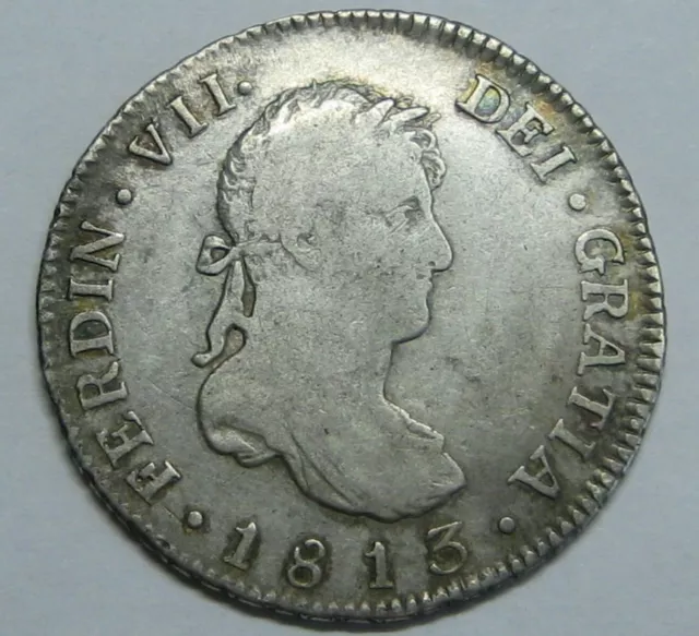 1813 Potosi 2 Real Bolivia Ferdinand Vii Beautiful Spanish Silver Colonial Era