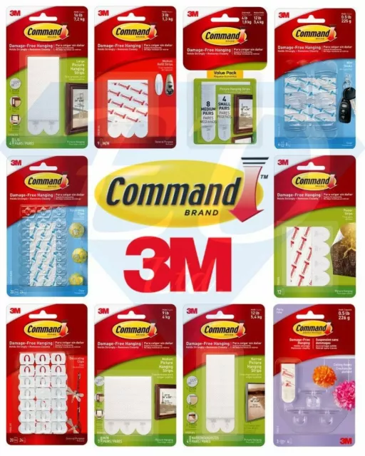 3M COMMAND Strips Hooks Large, Medium, Small Damage Free Picture/Poster Hanging