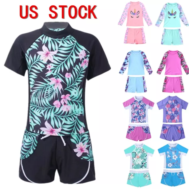 Girls Rash Guard Athletic Swimwear Sun Protection Floral Shirt with Boyshorts