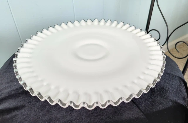 Vintage Milk Glass Silver Crest Low Cake Pedestal Stand🌿Fenton Art Glass🌿MINT