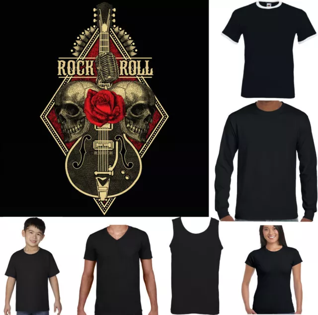 GUITAR T-SHIRT Mens Skull Rock & Roll Guitarist Biker Motorbike Tattoo Electric