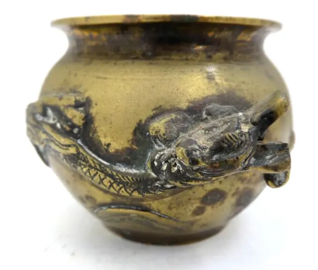Vintage Chinese Brass Censer Bowl Applied Dragon Decoration