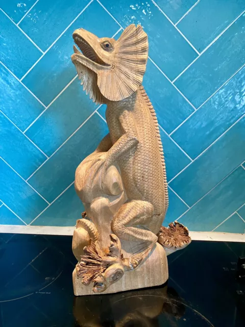 19” Hand Carved Wood Frilled Lizard Reptile Sculpture Lizard Figurine Bali