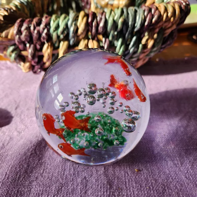 Murano Clear Glass Aquarium Paperweight Fish Coral Reef Bubble 3" Tropical Decor