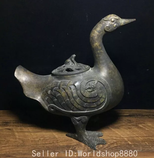 8.4" Ancient China Dynasty Bronze Fengshui Duck Swan Frog Incense Burner Censer