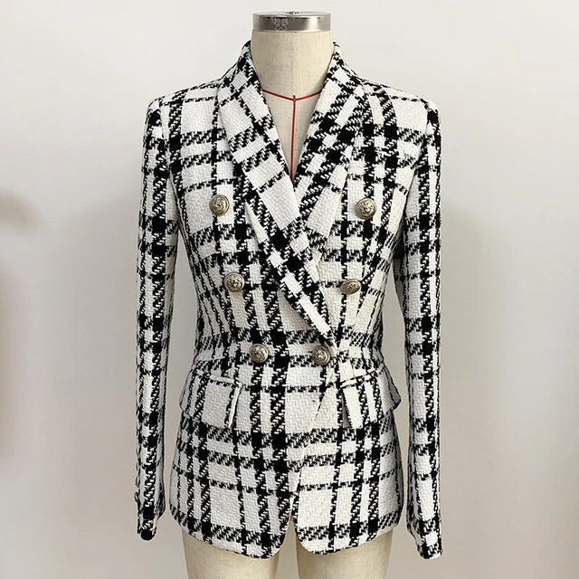 2020 Donna Design Ispirato Tweed Leone Bottoni Aderente Quadri Giacca Cappotto