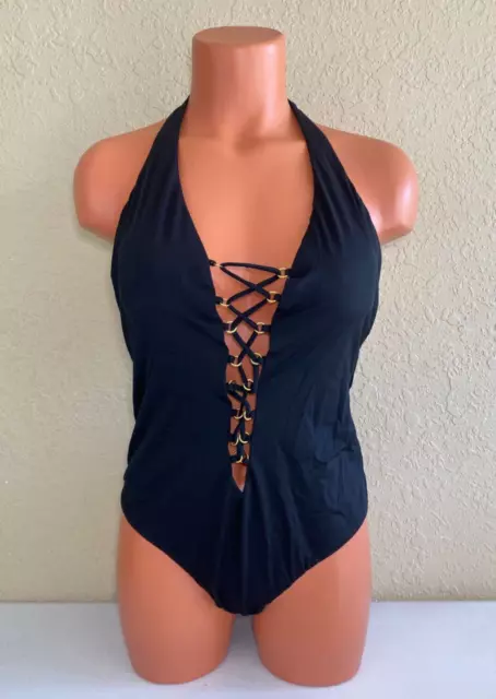 Red Carter Womens Splice & Dice Plunge Lace Up One Piece Swimsuit Black Size M