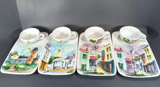 Italian Art Pottery Hand Painted Ceramic Luncheon Plate & Cup Set Street Scenes
