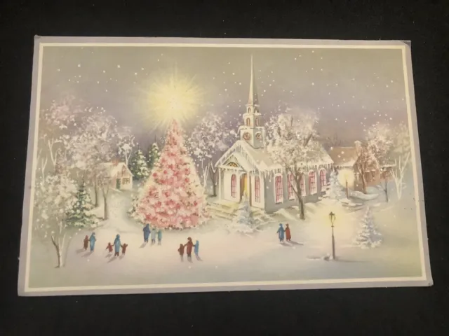 Vintage Holiday Christmas Greeting Card Paper Collectible Glitter Pink Tree BB